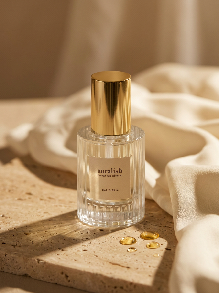 auralish keratin hair oil serum in golden light