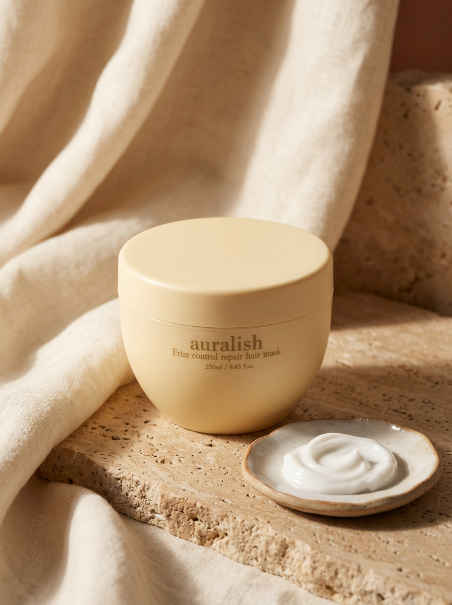 auralish frizz control repair hair mask on travertine stone