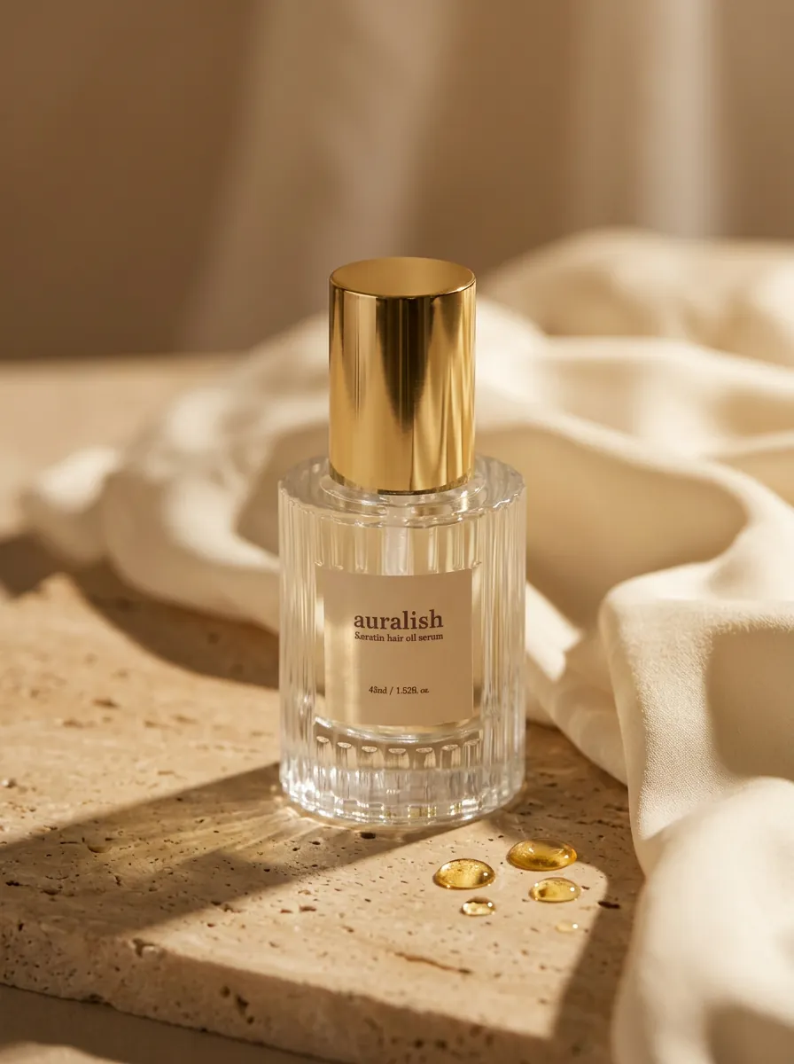 auralish keratin hair oil serum in golden light